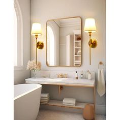 a bathroom with a tub, sink and large mirror in the wall next to it