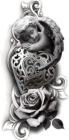 a drawing of an angel sleeping in a heart shaped box with roses on the side