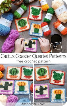 crocheted cactus coasters with text that says cactus coaster pattern