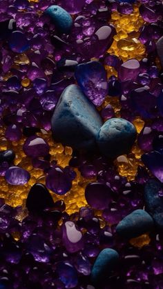 some rocks and purple stones are on the ground