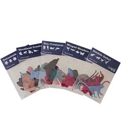 four bags of assorted colored animal stickers on a white background, each with different shapes and sizes