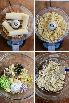 four pictures showing the steps to make an appetizer with cheese and other ingredients in a food processor