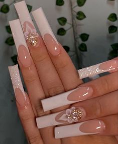 Simple Xxl Acrylic Nails, Xxl Nails Design, Baddie Nails Acrylic White, Long Nails With Gems, White Glam Nails, White Bling Acrylic Nails, Nails With Boyfriends Initials, Blinged Out Nails Rhinestones, Med Nails