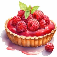 a painting of raspberry tart with fresh berries on the top, ready to be eaten