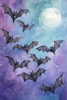 bats flying in the sky at night under a full moon with stars and watercolor paint