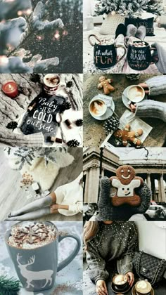 the collage is full of different pictures including coffee, cookies and other food items