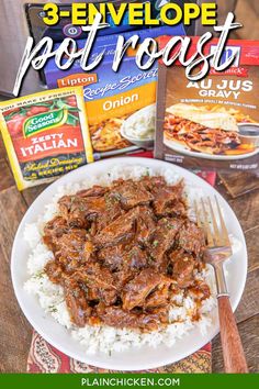 a plate with rice and meat on it next to three packets of peoproast