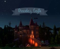 an animated castle with the words dracula's castle in front of it at night