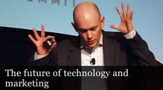 a man in a suit and tie holding his hands up with the words, the future of technology and marketing