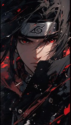 an anime character with red eyes and black hair, holding a knife in his hand