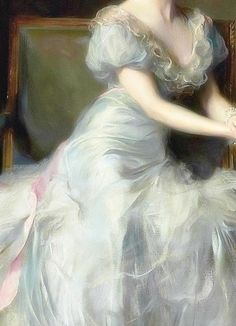 a painting of a woman in a white dress sitting on a chair with her arm extended