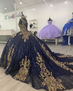 Navy Blue Quince, Long Sleeve Ball Gown Wedding Dress, Vestido Charro, Blue Sweet 16, Black Quinceanera Dresses