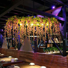 a chandelier hanging from the ceiling in a restaurant