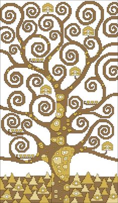 a cross stitch pattern with a tree in the middle and many smaller circles around it