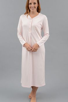 Classic Long Henley Gown – Cotn Collection Elegant Long Sleeve Cotton Sleepwear, Long Sleeve Cotton Nightgown, Elegant Long Sleeve Nightgown For Home, Elegant Long Sleeve Nightgown For Loungewear, Cotton Gowns, Nursing Mother, Ankle Length, Night Gown, Nursing