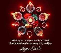 happy diwali greeting card with colorful lights and flowers on dark red background for diwali