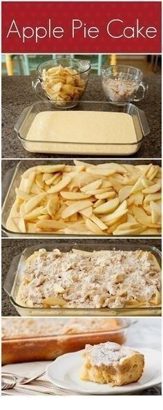 apple pie cake with apples in the background and three pictures showing how to make it