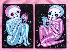 two paintings of skeletons sitting next to each other on a pink surface with stars in the background