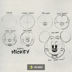 a drawing of mickey mouse's face with different facial expressions and head shapes for each character