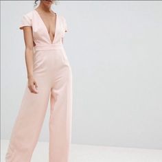 Asos - Petite Light Pink Wide Leg Jumpsuit- Never Worn Feminine Evening Jumpsuits And Rompers For Spring, Feminine Formal Jumpsuits And Rompers For Spring, Feminine V-neck Jumpsuit For Night Out, Asos Jumpsuit, Asos Petite, Pink Jumpsuit, Wide Leg Jumpsuit, Latest Clothes, Online Shopping Clothes