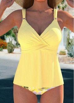 Color:Light Yellow;Size:S;Size:M;Size:L;Size:XL;Size:XXL;Bra Style:Padded;Support:Wire Free;Pad Style:Removable;Strap Style:Adjustable;Package Contents:1 X Top , 1 X Panty;Occasion:Sport; Yellow Tankini, Elegant Dresses Plus Size, Beach Bridesmaid Dresses, Plants Print, Swimwear Suits, Printed Tankini, Shirt Tunic Top, Plus Size Swim, Bra Style