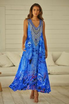 Royal blue sleeveless maxi dress in viscose silk base with all over forest mystic print and crystal embellishments on the yoke. - Aza Fashions Short Kaftan Dress, Kaftan Dresses, V Neck Maxi Dress, Maxi Dress For Women, Forest Print, Boho Midi Dress, Timeless Dress, Frill Dress, Dresses Xxl