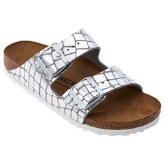 Birkenstock Arizona Gator Gleam Two-Strap Comfort Sandal  Get das original, the iconic Birkenstock sandal in a metallic gator gleam design perfect for summer excursions. The Birkenstock footbed reacts to the warmth of your body and actually conforms to the shape of your foot. So the more you wear them, the more comfortable and custom they become. Casually chic and easy on your feet. Silver Slides With Leather Footbed For Summer, Metallic Synthetic Round Toe Sandals, Silver Slides With Leather Footbed, Metallic Round Toe Synthetic Sandals, Summer Silver Sandals With Leather Footbed, Silver Leather Footbed Sandals For Summer, Silver Slip-on Sandals With Leather Footbed, Silver Round Toe Slides With Buckle Closure, Casual Metallic Sandals For Spring