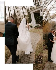 the bride and groom are walking down the path together in their wedding day attires