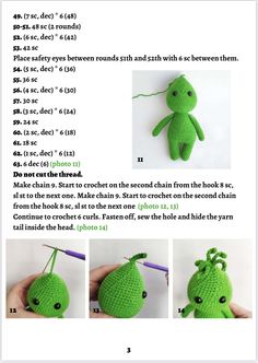 instructions to crochet an adorable green stuffed animal