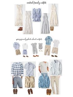 an assortment of clothes and shoes on display with the words, how to wear neutral family outfits