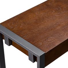 a wooden table with metal legs and a wood grained surface on the top, against a white background