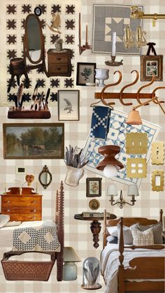 a collage of antique furniture and wall hangings in a room with checkered walls