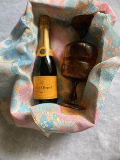 a bottle of wine in a fabric bag