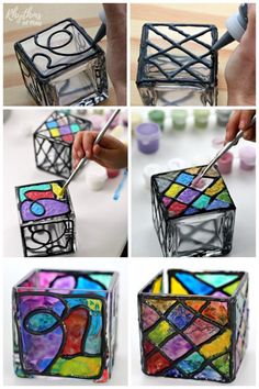 the process to make stained glass cubes is shown in four different pictures, including one being