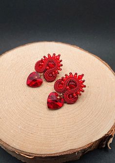 Red soutache earrings with heart-shaped crystal, stud soutache earrings with glass beads,   embroidered earrings, unique gift for her Embroidered Earrings, Earrings Model, Soutache Earrings, Earrings Unique, Unique Gifts For Her, Small Earrings, Summer Jewelry, Red Gold, Jewelry Earrings Dangle