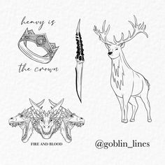 three different types of deer heads and arrows with the words henry is the crown, fire and blood