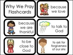 four different types of flashcards with the words, why we pray and what we love