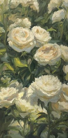 an oil painting of white flowers with green leaves