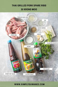 the ingredients for thai pork spare ribs are shown in separate bowls and labeled with their names