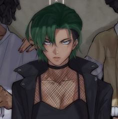 an anime character with green hair standing in front of other people