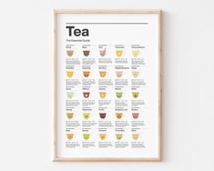 a tea poster hanging on the wall next to a wooden framed frame with different types of cups