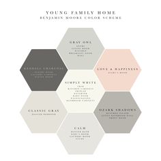 the young family home color scheme is shown in shades of gray, pink and white