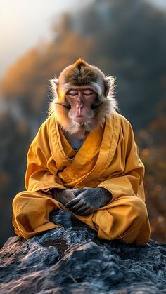 a monkey sitting on top of a rock with its eyes closed and his hands folded