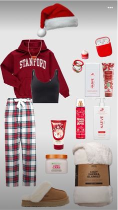 the contents of a christmas gift set including red hoodie, plaid pants and slippers