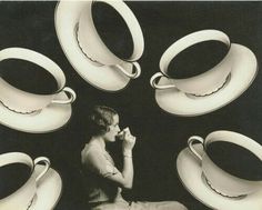 a black and white photo of a woman surrounded by coffee cups