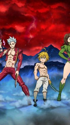 four anime characters standing in front of a red sky with clouds and mountains behind them