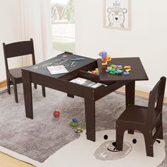 a child's play table and chair set in a room with carpeted floor