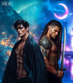 two men with tattoos holding swords in front of a cityscape and moon behind them