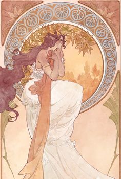 an art nouveau painting of a woman in white dress