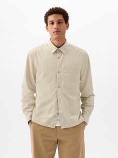 Soft garment-dyed twill shirt.  Point collar.  Long sleeves with button cuffs.  Button front.  Patch pocket at chest.  Straight silhouette with a relaxed fit.  Hits at the hip.  Models are 6′1″–6′2″ 185 cm–188 cm) with a 31″ 79 cm) waist & 32–33″ 81 cm–84 cm) inseam & are wearing Gap Twill Shirt, Gap Women, Casual Clothing, Kids Clothing, Toddler Boys, Patch Pocket, Moonstone